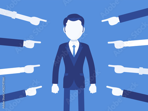 Shame on you, guilty man. Male manager in painful feeling of humiliation or distress, wrong foolish behaviour, loss of respect, dishonour pointed by fingers. Vector illustration, faceless characters