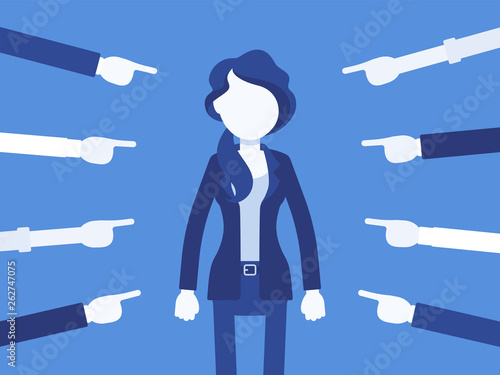 Shame on you, guilty woman. Female manager in painful feeling of humiliation, distress, wrong foolish behaviour, loss of respect, dishonour pointed by fingers. Vector illustration, faceless characters
