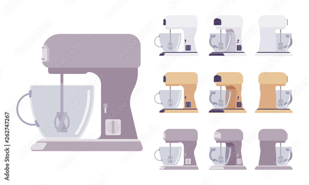 Mixer set, kitchen and cafe equipment. Machine for mixing food, tilt-head stand model in classic design. Vector flat style cartoon illustration isolated on white background, different views, colors Stock Vector | Adobe Mixer set, kitchen and cafe equipment. Machine for mixing food, tilt-head stand model in classic design. Vector flat style cartoon illustration isolated on white background, different views, colors Stock Vector | Adobe