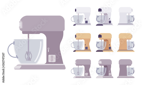 Mixer set, kitchen and cafe equipment. Machine for mixing food, tilt-head stand model in classic design. Vector flat style cartoon illustration isolated on white background, different views, colors