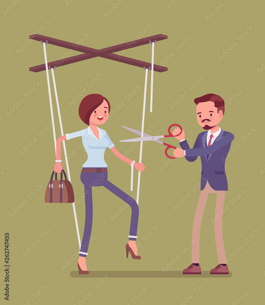 Vecteur Stock Marionette businesswoman setting free from slavery,  oppression. Woman liberation, girl enjoying personal rights after influence  and control, man cutting doll strings with scissors. Vector illustration |  Adobe Stock