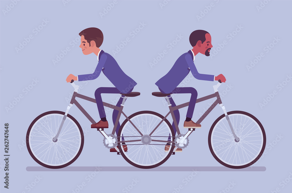 Businessmen riding push me pull you tandem bicycle. Male ambitious managers in disagreement, unable working together moving in different ways, ineffective, unproductive coworking. Vector illustration Businessmen riding push me pull you tandem bicycle. Male ambitious managers in disagreement, unable working together moving in different ways, ineffective, unproductive coworking. Vector illustration