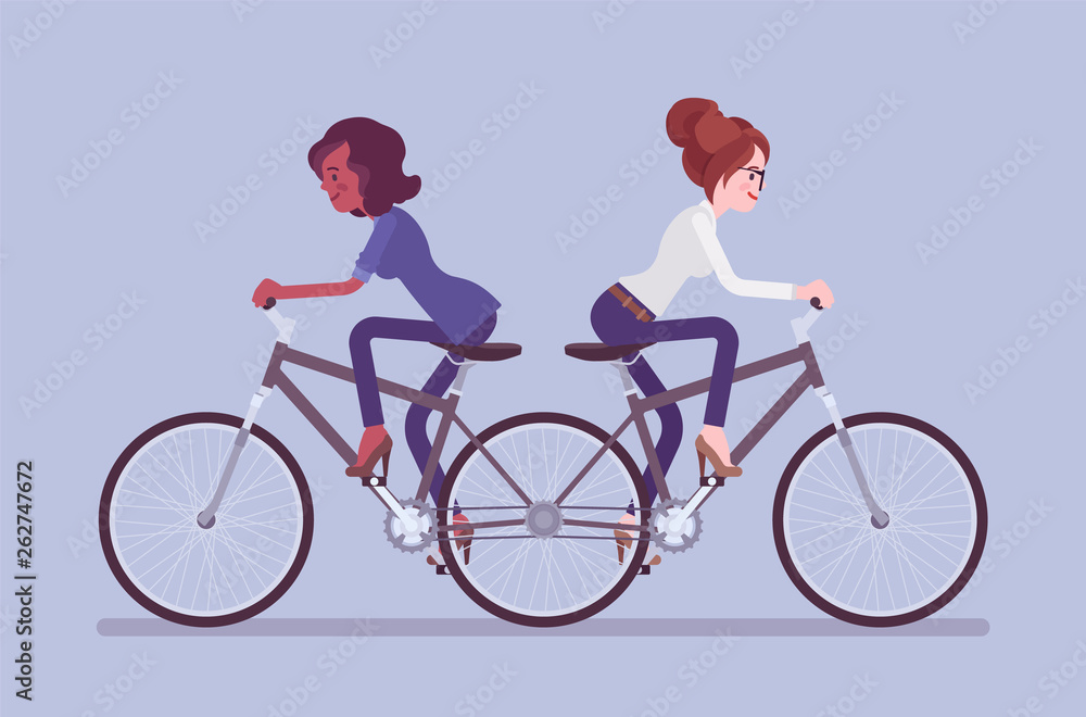 Businesswomen on push me pull you tandem bicycle. Female ambitious managers in disagreement, unable working together moving in different ways, ineffective, unproductive coworking. Vector illustration