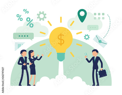 Startup business investment. Male, female managers put money for profit into project, newly established business, bright lamp bulb as rocket launch. Vector abstract illustration, faceless character