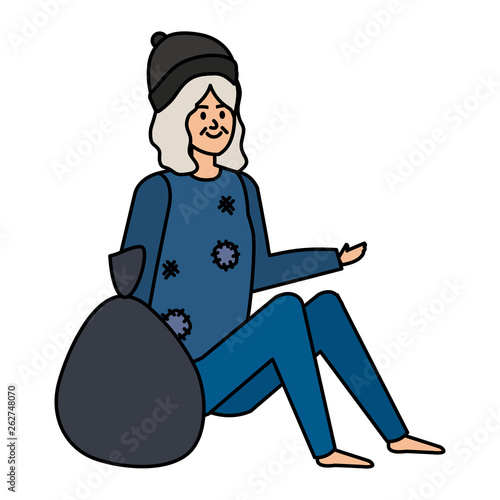 homeless woman with bag character
