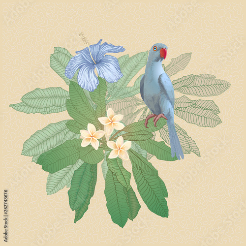 Colorful Illustration of hand drawn tropical hibiscus flower, frangipani, palm leaves and blue Indian parrot isolated on a beuge background. Wedding invitation, Birthday greeting, book cover, postcard photo