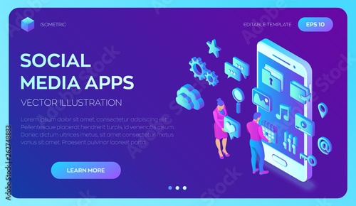 Social media apps on a smartphone. Social media 3d isometric icons. Mobile apps. Created For Mobile, Web, Decor, Application. Vector illustration infographic template with people and icons.