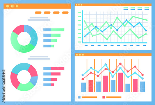 Pie diagram with segments vector, data in visual representation flat style. Information gathered in charts and schemes, flowchart with timeline set