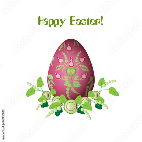 Easter egg with flowers and leafs, volumetric vector illustration Red