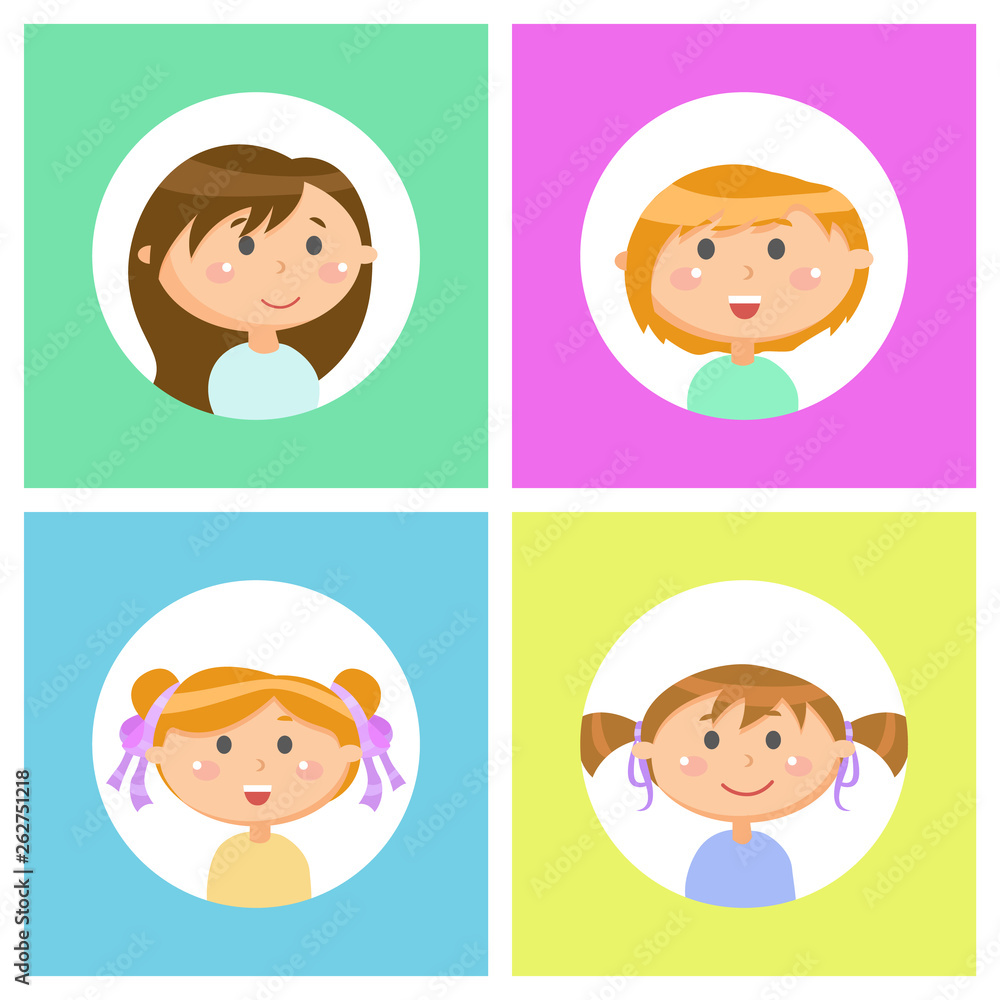 Cute girls isolated set vector, kids with smile on face front and side view. Circle frames, children wearing shirts, having hairdo with ribbons and decor Cute girls isolated set vector, kids with smile on face front and side view. Circle frames, children wearing shirts, having hairdo with ribbons and decor
