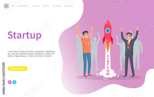 Spaceship launching, new business project vector. Successful start of ideas realization, achievement of success, businessman happy of results. Website or webpage template, landing page flat style