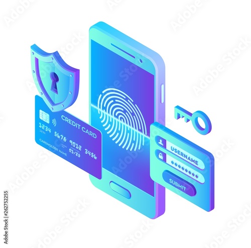 Mobile payments. Data protection concept. Personal data protection. Credit card check and software access data as confidential. 3d isometric flat design. Vector illustration.