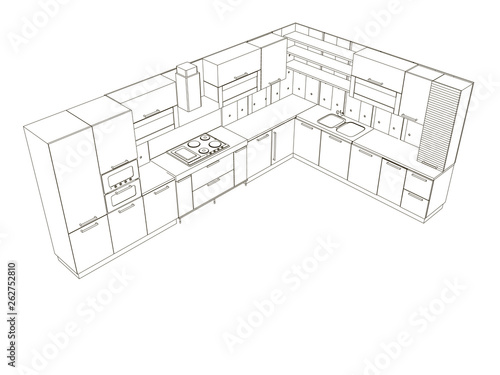 Contour of the kitchen of black lines isolated on white background. Isometric view. Wireframe of the kitchen set. Vector illustration