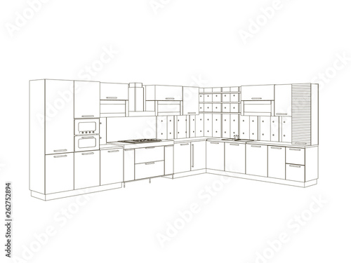 Contour of the kitchen of black lines isolated on white background. Front view. Wrieframe of the kitchen set. Vector illustration