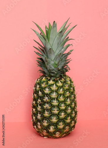 Pineapple tropical fruit on a coral  background. Tropical background for design.