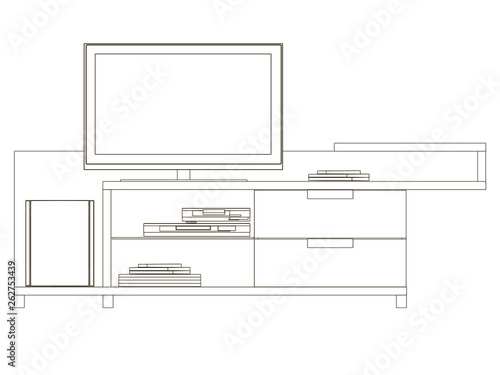 Contour nightstand with TV. Table for home appliances. Front view. Vector illustration