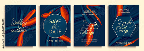 Wedding invitation with blue flowers  on gold texture. luxury card on gold backgrounds, artistic covers design, colorful acrylic texture.  Luxury wedding invitation frame set
