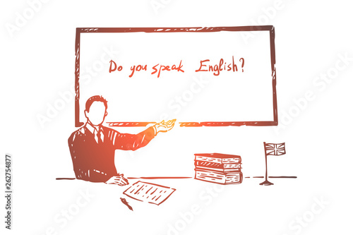 Foreign language learning lesson, question at job interview, citizenship exam, faceless man in suit, teacher