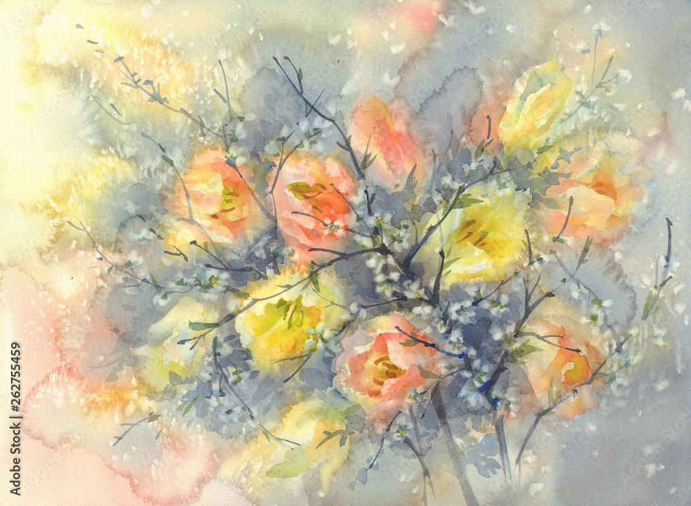 yellow and orange tulips with cherry flower branches watercolor