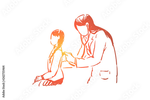 Little girl health checkup, female physician with stethoscope, pediatric clinic, children hospital