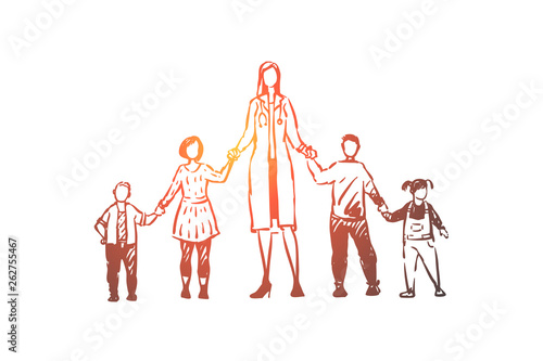 Female pediatrician, boys and girls holding hands, children doctor with little patients, health care