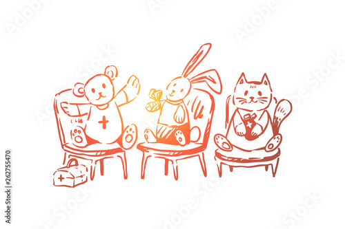 Cute animals, role playing, teddy bear, bunny and cat in bandages, first aid kit, children hospital