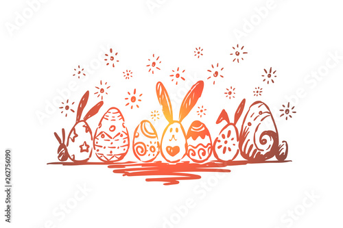 Spring religious holiday celebration, paschal tradition, various pysanka with decorative ornament and bunny ears