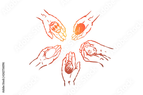 People holding various easter eggs in hands, decorated pysanka in palms, paschal tradition, togetherness