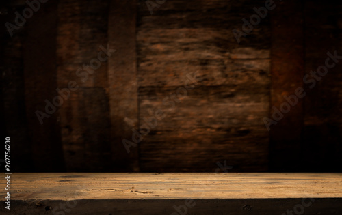 background barrel and worn old table of wood © kishivan