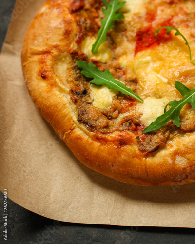 pizza, mushrooms, arugula, tomato sauce, cheese. food background