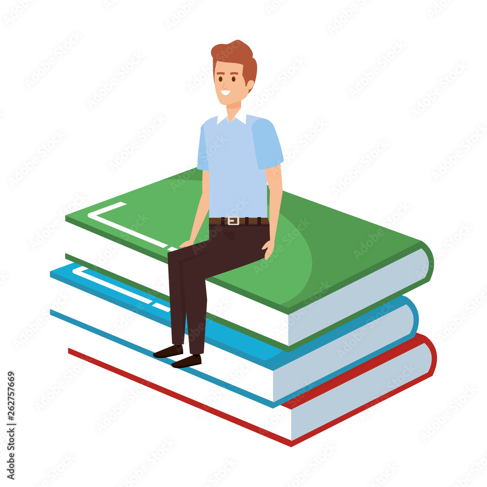 young teacher male sitting in books character young teacher male sitting in books character