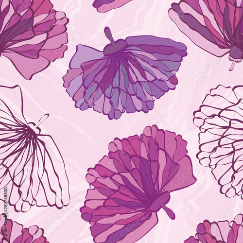 Pink and purple hand drawn flowers with featured unfinished blossom. Seamless vector pattern on marbled background. Great for wellness, beauty, garden products, giftwrap, stationery, packaging.