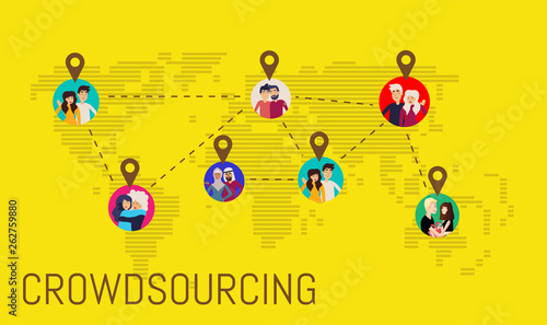 Design concept of crowdsourcing with dotted world map, different characters people and background for website and mobile website. Vector illustration.