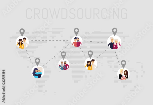 Design concept of crowdsourcing with dotted world map, different characters people and background for website and mobile website. Vector illustration.