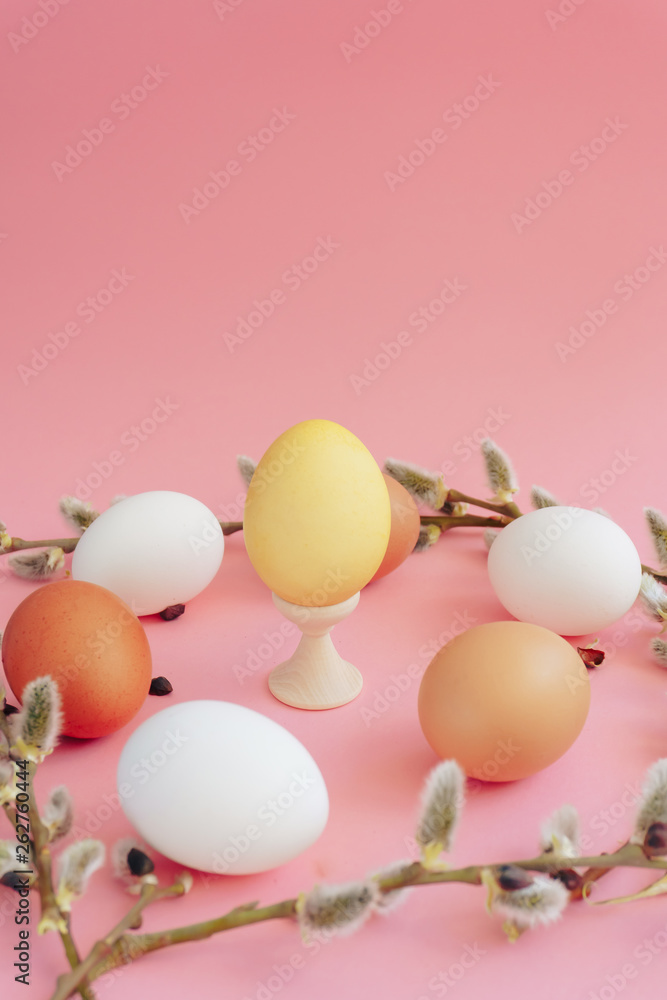 Easter eggs on a pink background with a sprig of willow