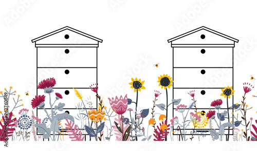 Bright seamless meadow border with beehives, bees, and flowers. Vector. Apiary concept.