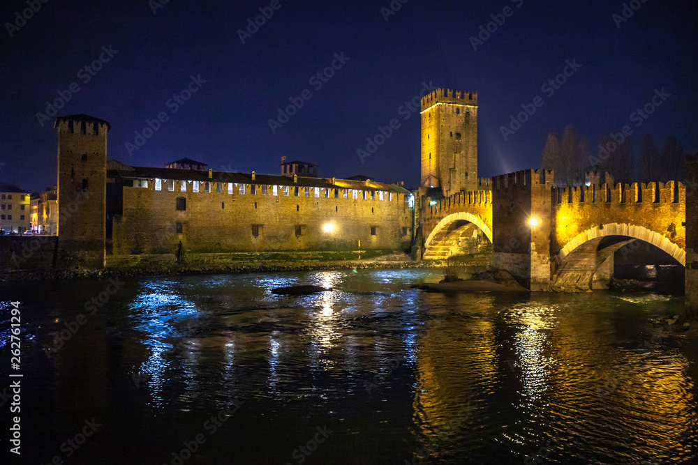 Verona, Italy – March 2019. Castelvecchio Bridge, Brick & marble bridge with 3 spans & arches, built in the 14th century & reconstructed after WWII. Verona, Italy, Europe