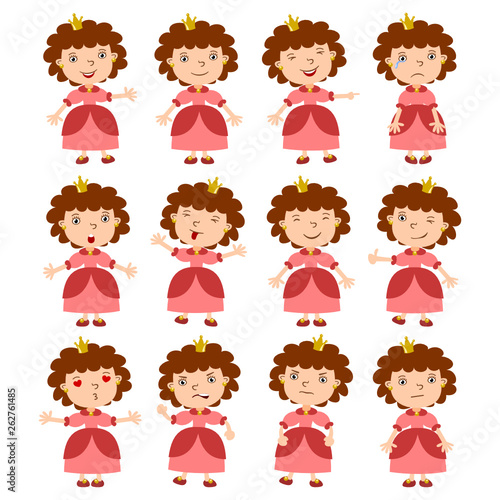 Collection of funny Princess in cartoon style in different poses and emotions isolated on white background
