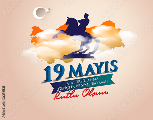 vector illustration 19 mayis Ataturk'u Anma, Genclik ve Spor Bayramiz , translation: 19 may Commemoration of Ataturk, Youth and Sports Day, graphic design to the Turkish holiday, children logo