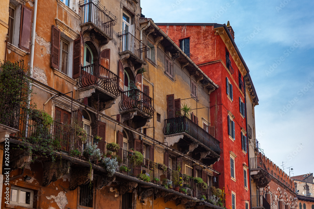 Verona, Italy – March 2019. Historic town square Elbe with stairs surrounded by cafes and buildings of peculiar architecture, Verona, Italy