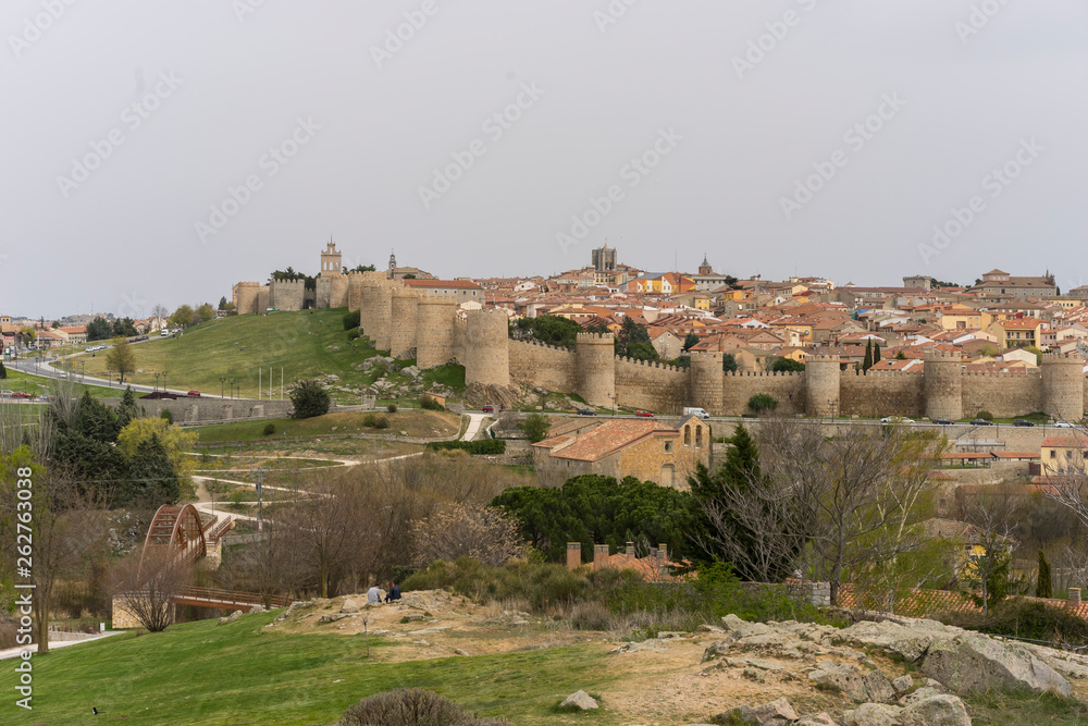 View of the medieval wall of the city of Avila, in Spain. Spanish fortress