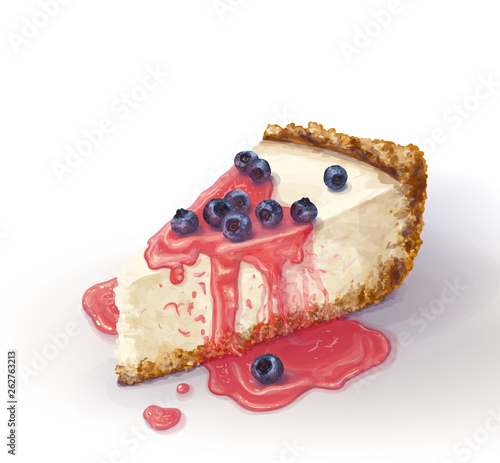 Vector piece of cheesecake cake with airy and tender, delicate creamy-curd cheese. Crisp and crumbly cake with back. Berry jam, juicy, liquid, blueberries. Appetizing, realistic, homemade cakes