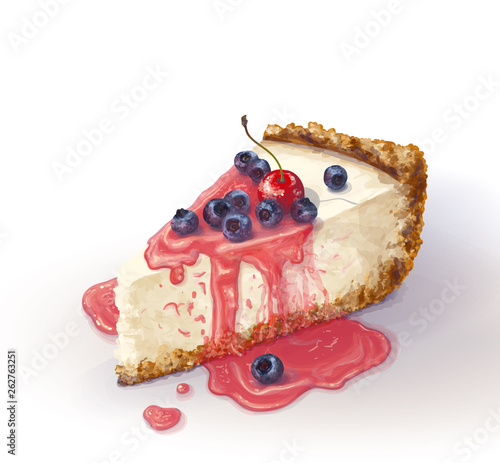 Vector piece of cheesecake cake with airy and tender, delicate creamy-curd cheese. Crisp and crumbly cake with back. Berry jam, juicy, liquid, blueberry and cherry. Appetizing, realistic, homemade