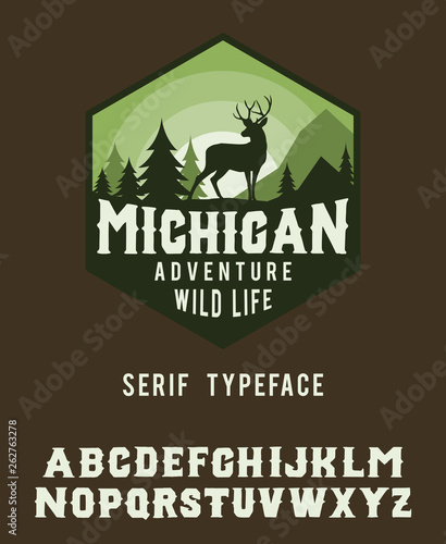 Michigan. Hand made badge in flat style. Hand made typeface. Serif font. Vintage badge.