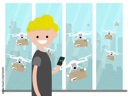 Drone delivery service.Many drones receiving the parcels .Young character near the window.Flat cartoon designClip art