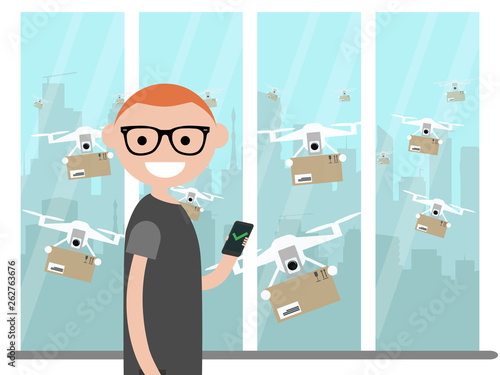 Drone delivery service.Many drones receiving the parcels .Young character near the window.Flat cartoon designClip art
