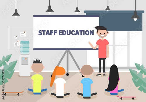 Staff education. Office workshops and seminars.Career. Modern workers. Flat cartoon design.Clip art