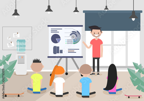Staff education. Office workshops and seminars.Career. Modern workers. Flat cartoon design.Clip art