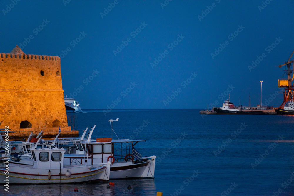 Old venetian harbor with boats in Heraklion, Crete island, Greece