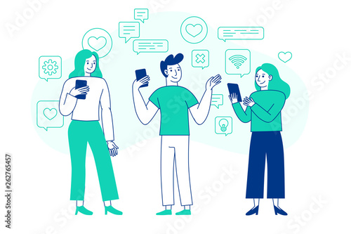 Vector illustration in flat simple style with characters - influencer marketing concept